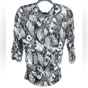Tribal Black Gray Snakeskin Print Semi Sheer 3/4 Sleeve Top Ruched Sides Medium